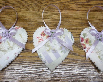 3 Shabby Chic Patchwork Quilted Hearts Handcrafted with Rachel Ashwell Fabric
