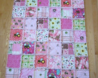 Rag Quilt Pink JOHN DEERE Many Different Fabrics Large 39" x 45" Baby Toddler