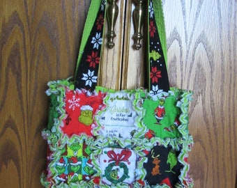 Dr. Seuss  GRINCH  Fabric Rag Quilt Tote Christmas  Purse /  Diaper Bag / Book Bag GREEN