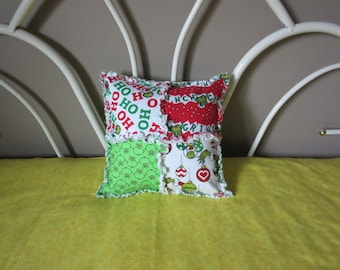 GRINCH Fabric  PILLOW SHAM 13.5" x 13.5" Rag Quilt Style Merry Grinchmas Pillow Case