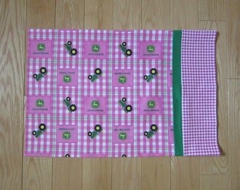 Pink John Deere FLANNEL Fabric TRAVEL Size PILLOWCASE Toddler Farm Tractor