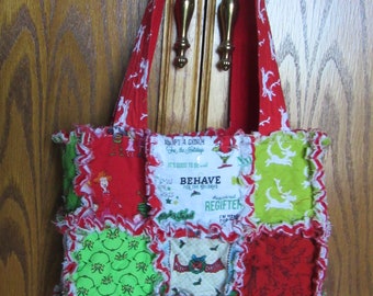 Dr. Seuss  GRINCH  Fabric Rag Quilt Tote Christmas  Purse /  Diaper Bag / Book Bag RED