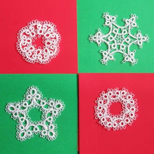 White Tatted Snowflakes SET 4 Christmas Shuttle Tatting