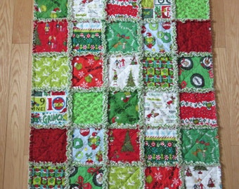 GRINCH Fabric Rag Quilt Dr Seuss Christmas 33" x 40" TODDLER / Baby  Blanket