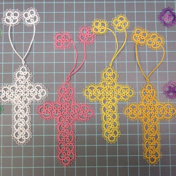 ONE Hand Tatted CROSS Lesezeichen – Shuttle Tatting – Kreuze blau rosa weiß grün ecru lila türkis gold