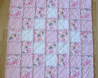 Pink JOHN DEERE Rag Quilt Baby Crib Size  32.5 x 45 Floral & Dots