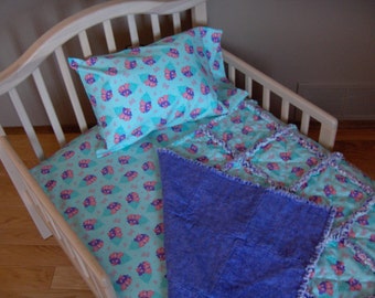 CARE BEAR Toddler Bed or Crib Bedding  Rag Quilt, Sheet and Pillow Case SET Turquoise, Lavender and Pink