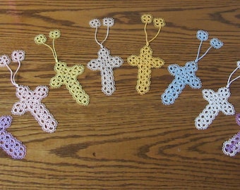 ONE Hand Tatted CROSS Bookmark - Shuttle Tatting - Crosses blue pink white green ecru purple turquoise gold