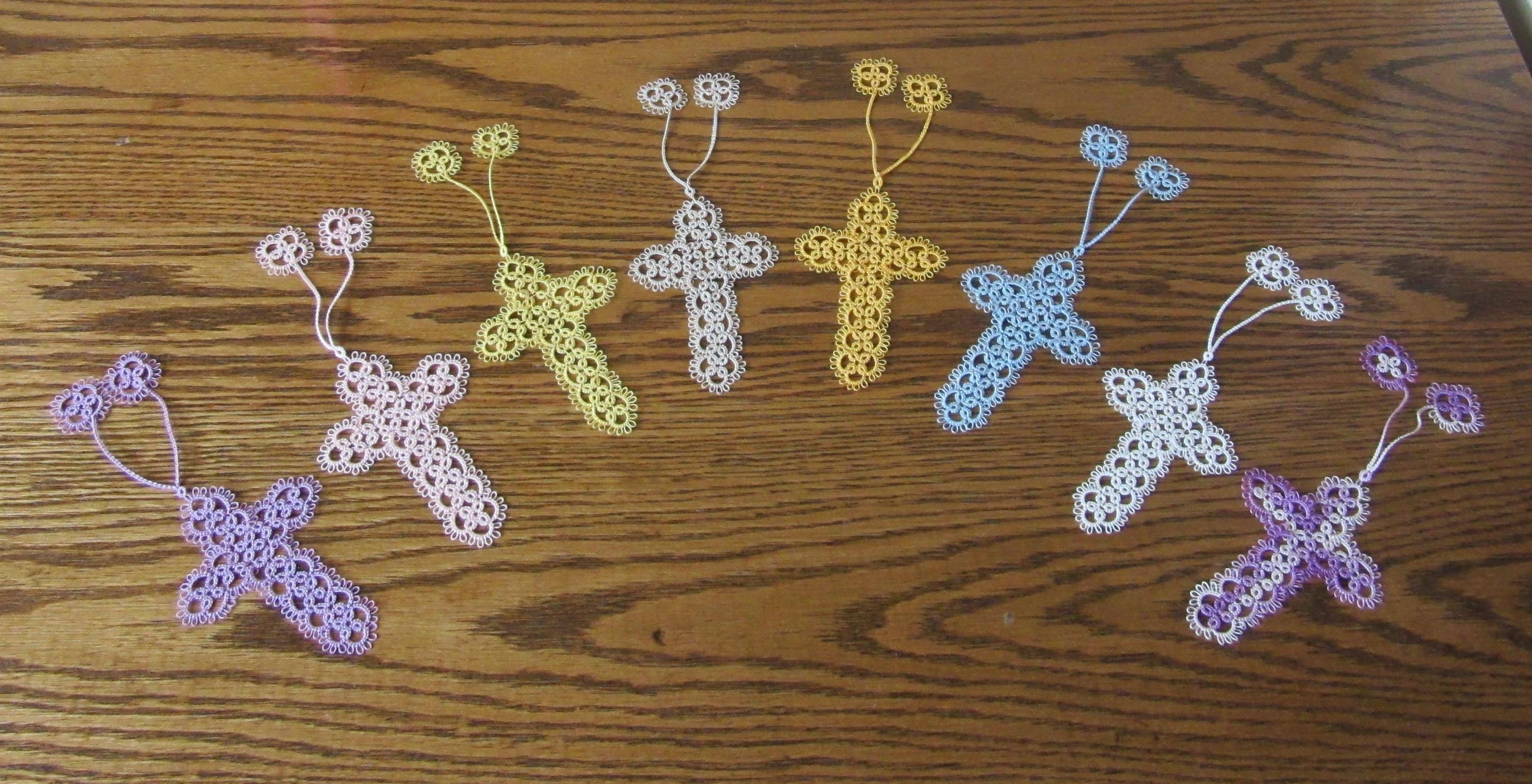 ONE Hand Tatted CROSS Bookmark - Shuttle Tatting - Crosses blue pink white green ecru purple turquoise gold