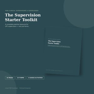 Puede incluir: Un documento digital de color verde azulado oscuro titulado The Supervision Starter Toolkit para supervisores clínicos y supervisados. El recurso incluye 34 páginas, 25 formularios y 5 actividades guiadas, como descarga PDF instantánea.