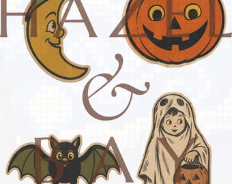 May include: A set of four vintage-style Halloween illustrations featuring a yellow crescent moon wearing a green hat, an orange jack-o'-lantern, a black bat with green wings, and a child dressed in a white ghost costume holding a pumpkin bucket.