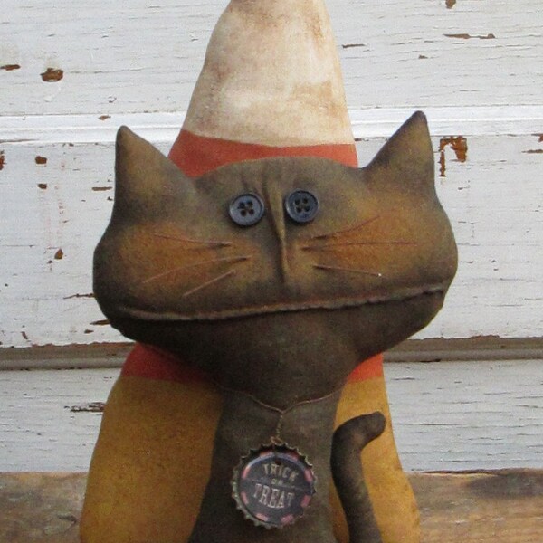 Primitive Grungy Fall Halloween Folk Art~Candy Corn and Cat~ Shelf Sitter Doll Set~Hafair Team