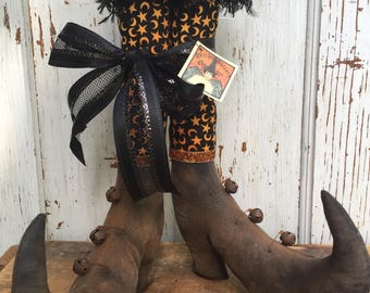 Primitive Halloween Folk Art Witch Boots~ 12" tall Shelf Sitters w/fabric stockings~