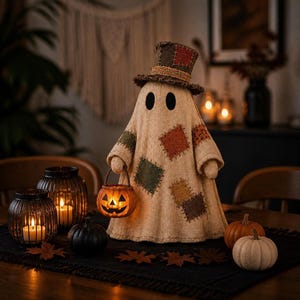 Könnte beinhalten: Eine beigefarbene Stoff-Geisterfigur mit einem Zylinderhut mit Patchwork-Details. Der Geist hat schwarze, ovale Augen und hält einen kleinen, beleuchteten orangefarbenen Kürbis-Eimer. Die Figur ist mit verschiedenen Stoffflicken verziert.