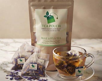 May include: A brown resealable pouch labeled TEA POUCH DRIED LEAVES AND BLUE LOTUS FLOWER BLEND BLUE LOTUS TEA A Premium Blend of Dried Nymphaea Caerulea Flowers, with two triangular tea bags and a glass cup filled with steeped tea and petals.