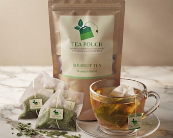 May include: A brown kraft paper pouch labeled TEA POUCH SOURSOP TEA Premium Blend with a green tea bag logo. Beside it are three pyramid-shaped tea bags and a clear glass cup filled with amber tea, containing a tea bag with a green logo tag.
