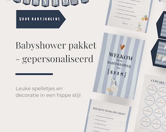 Op de afbeelding: Een babyshowerpakket met blauw-wit gestreepte papieren decoraties, inclusief een slinger, een welkomstbord en spelkaarten met Nederlandse tekst. De items zijn voorzien van illustraties van een kleine witte eend en een bruin hartje.