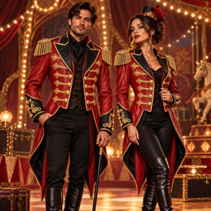 Op de afbeelding: Twee personen dragen bijpassende rood-zwarte circus-stijl pandjesjassen met gouden vlechtwerk, epauletten en koperen knopen. De outfits bestaan uit zwarte broeken, donkere vesten en hoge zwarte laarzen. Eén persoon draagt een kleine hoge hoed.