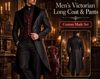 Men's Black Victorian Gothic Frock Coat & Pants Set, Custom Made