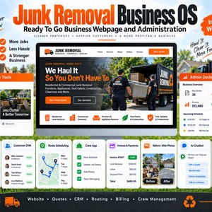 May include: A digital marketing display for a junk removal business operating system, featuring a central website interface, an admin dashboard, and various management modules including CRM, route scheduling, invoicing, and an AI chatbot.