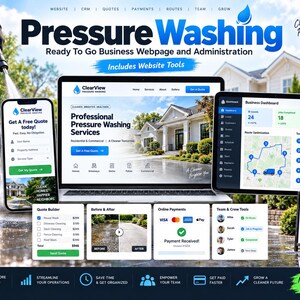 May include: A digital marketing display for a pressure washing business featuring a laptop, smartphone, and tablet showing a website, business dashboard, and quote builder. The screens display text including Pressure Washing, ClearView, and business tools.