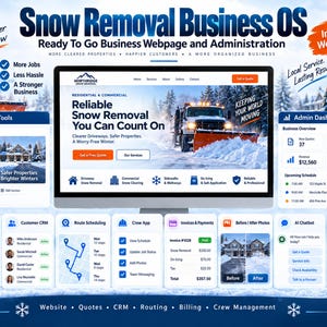 Puede incluir: Una pantalla digital del Snow Removal Business OS, que presenta una interfaz de sitio web para servicios de retirada de nieve, rodeada de paneles de control administrativo, herramientas web, CRM, programación de rutas, facturación y módulos de chatbot IA.
