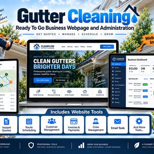 Puede incluir: Una pantalla de marketing digital para un negocio de limpieza de canalones con un portátil, una tableta y un smartphone que muestran un sitio web, una ruta y un panel de control. El texto incluye Gutter Cleaning, Ready To Go Business Webpage y Includes Website Tools.