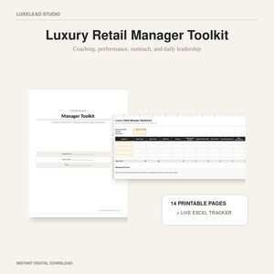 Puede incluir: Un conjunto de documentos digitales Luxury Retail Manager Toolkit que incluye una portada con el título Luxury Retail Manager Toolkit, una hoja de cálculo de panel y un cuadro de texto con 14 páginas imprimibles más un rastreador Excel.