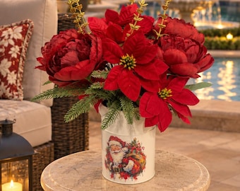 Christmas Floral Arrangement: Realistic Red Poinsettias Peonies in Santa Metal Vase