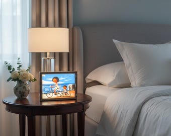 May include: A rectangular light box featuring a colourful illustration of a person and a child riding bicycles along a coastal path. The light box is positioned on a dark wood side table next to a white lamp and a small vase with white flowers.
