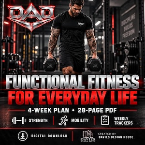 Functional Fitness Plan PDF, 4 Week Strength and Mobility Programme, Home and Gym Workouts, DAD