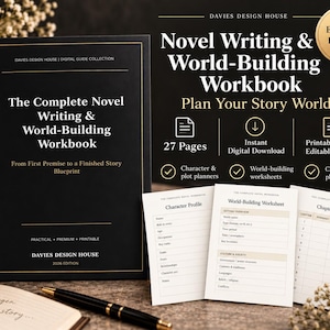 Puede incluir: Un libro de trabajo negro titulado The Complete Novel Writing & World-Building Workbook con texto dorado. Incluye 27 páginas, planificadores de personajes y tramas, y hojas de trabajo. Incluye descarga digital, PDF imprimible y DOCX editable.
