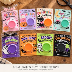 Halloween-presentkort med Play Dough, 8 designer med spöken, mumie, katt och Frankenstein (digital nedladdning)