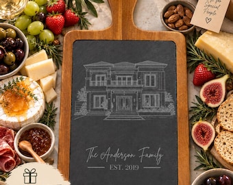 Personalized Engraved House Portrait Charcuterie Board, Housewarming Gift, New Home Gift, Engraved Cutting Board, Personalized Serving Board