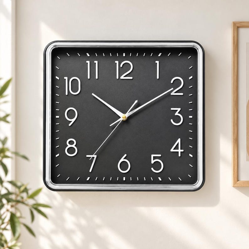 Square Wall Clock, Modern Black Clock, Silver Frame, Contemporary Home ...