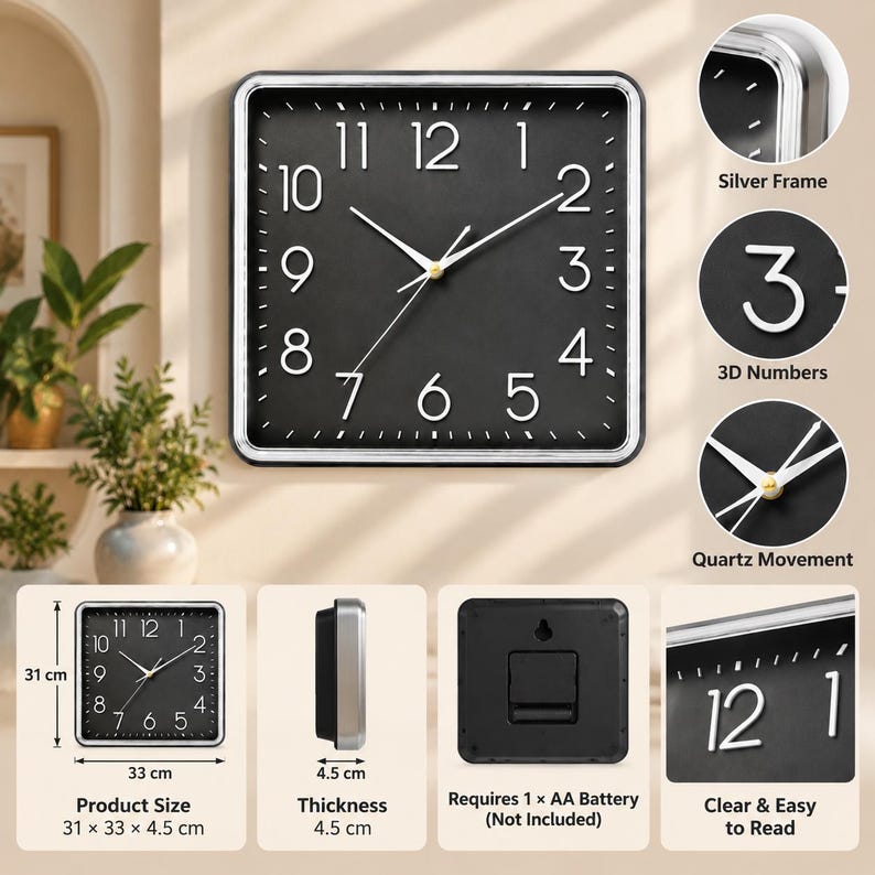Square Clock Frame Square Wall Clock, Modern Black Clock, Silver Frame, Contemporary Home ...