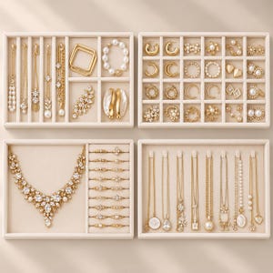 Stackable Jewelry Organizer Trays, Beige Velvet Drawer Inserts, 4 Layer Ring and Earring Storage