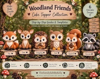Può includere: Una collezione digitale di modelli per decorazioni per torte Woodland Friends con sei personaggi animali: volpe, cervo, riccio, gufo, scoiattolo e procione. Il set include guide passo dopo passo, modelli stampabili e istruzioni per progetti fai-da-te.