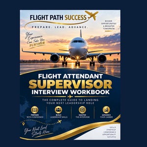 Puede incluir: Un libro de trabajo para entrevistas de supervisor de auxiliares de vuelo con una portada azul oscuro y dorada. La portada muestra un avión comercial en una pista al atardecer, con texto que incluye "Flight Path Success" y "Prepare, Lead, Advance."