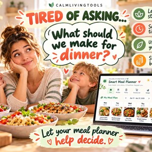 Peut inclure: Un planificateur de repas numérique affiché sur un écran d'ordinateur portable, présentant un calendrier hebdomadaire avec des images de plats, accompagné du texte TIRED OF ASKING... What should we make for dinner? et Let your meal planner help decide. Inclut des icônes pour le stress, le temps et le budget.