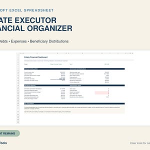 May include: A Microsoft Excel spreadsheet titled Estate Executor Financial Organizer. The dashboard displays columns for assets, debts, expenses, and beneficiary distributions with numerical data, dark blue headers, and a light beige background.