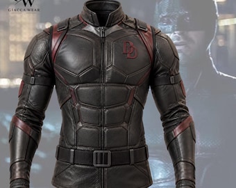 May include: A black leather jacket featuring a high collar, a full-length front zipper, and a dark red DD logo on the left chest. The jacket includes integrated armor-like paneling, shoulder straps, and a matching belt with a rectangular buckle.