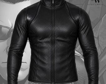 May include: A black jacket featuring a high collar, a full-length front zipper, and a textured diamond-patterned finish across the chest and sleeves. The garment includes smooth leather-like panels on the shoulders and sides, with the text GW GIACCA WEAR.