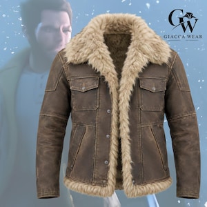 May include: A brown jacket with a distressed finish, featuring a thick beige faux fur lining and collar. The jacket includes two chest pockets with buttoned flaps, a front button closure, and long sleeves. The text GW GIACCA WEAR is visible.