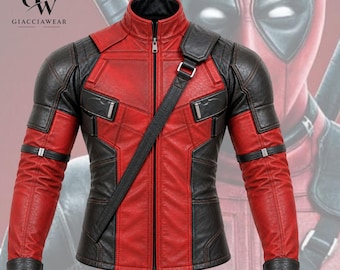 May include: A red and black jacket featuring a high collar, a full-length front zipper, and a diagonal shoulder strap. The design includes textured panels on the shoulders and sleeves, with metallic accents on the chest and arm bands.