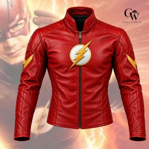 Flash Inspired Leather Jacket, Red Superhero Cosplay, Gold Lightning Speedster Jacket, Halloween Outfit