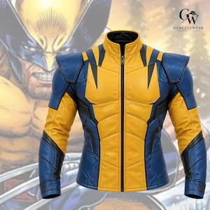 May include: A yellow and blue leather jacket featuring a high collar, a central black zipper, and structured shoulder panels. The design includes black accent lines across the chest, sleeves, and shoulders, creating a segmented, athletic appearance.