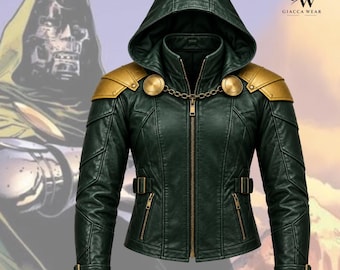 May include: A dark green hooded jacket featuring gold-colored shoulder plates, a central gold chain detail at the collar, and a full-length front zipper. The jacket includes side waist adjustment straps, zippered pockets, and buckled cuffs.