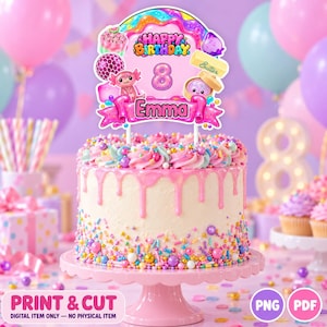Può includere: Una torta rotonda con glassa bianca e colature di glassa rosa, decorata con zuccherini colorati. Un topper per torta presenta un arcobaleno, il testo Happy Birthday, il numero 8, un axolotl e il nome Emma su un nastro rosa con del burro.