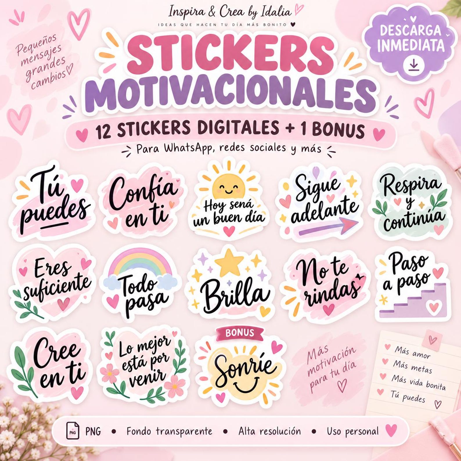 Stickers Motivacionales Digitales PNG | 12 + 1 Bonus | Frases Positivas ...